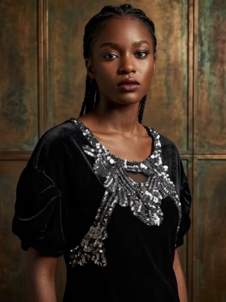 $2250 New Alberta Ferretti Black Beaded Velour Dress
